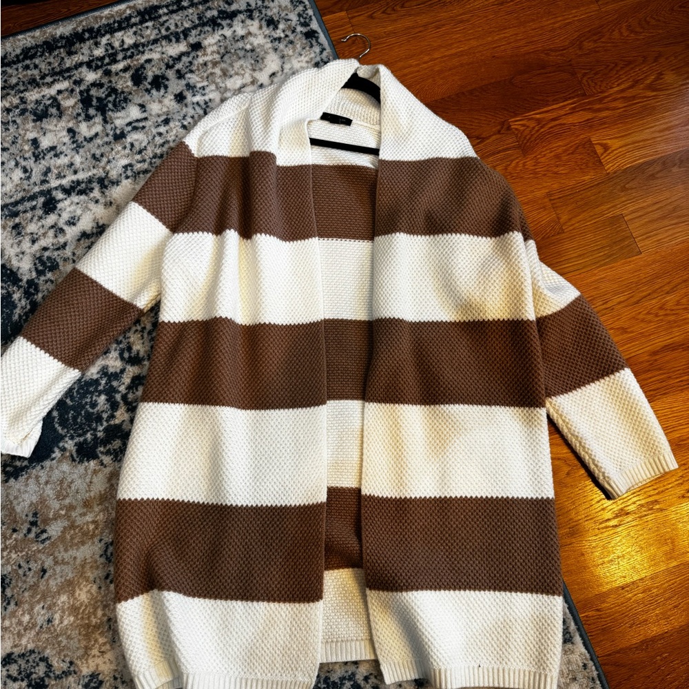 🛍️ Ann Taylor Brown & Cream Striped Duster Cardigan M - Picture 6 of 6